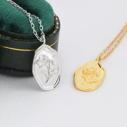 Poppy Flower Oval Pendant Necklace in Sterling Silver, Silver or Gold, August Birth Flower, Nature Inspired Flower Disk Necklace