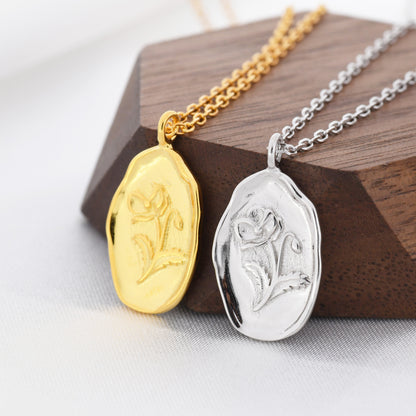 Poppy Flower Oval Pendant Necklace in Sterling Silver, Silver or Gold, August Birth Flower, Nature Inspired Flower Disk Necklace