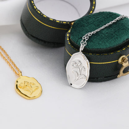 Poppy Flower Oval Pendant Necklace in Sterling Silver, Silver or Gold, August Birth Flower, Nature Inspired Flower Disk Necklace