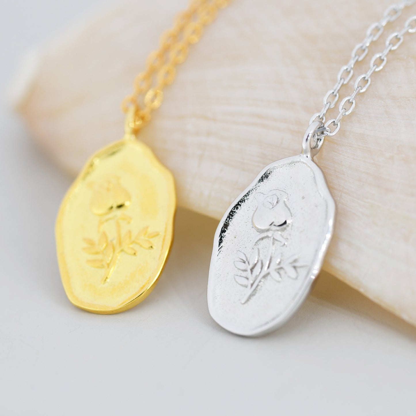 Rose Flower Oval Pendant Necklace in Sterling Silver, Silver or Gold, June Birth Flower,  Nature Inspired Flower Disk Necklace