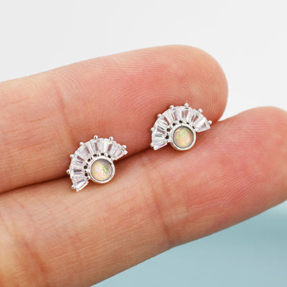 Art Deco Style Opal Fan Stud Earrings in Sterling Silver, Silver or Gold, Crown Opal Earrings, Tiny Opal Earrings