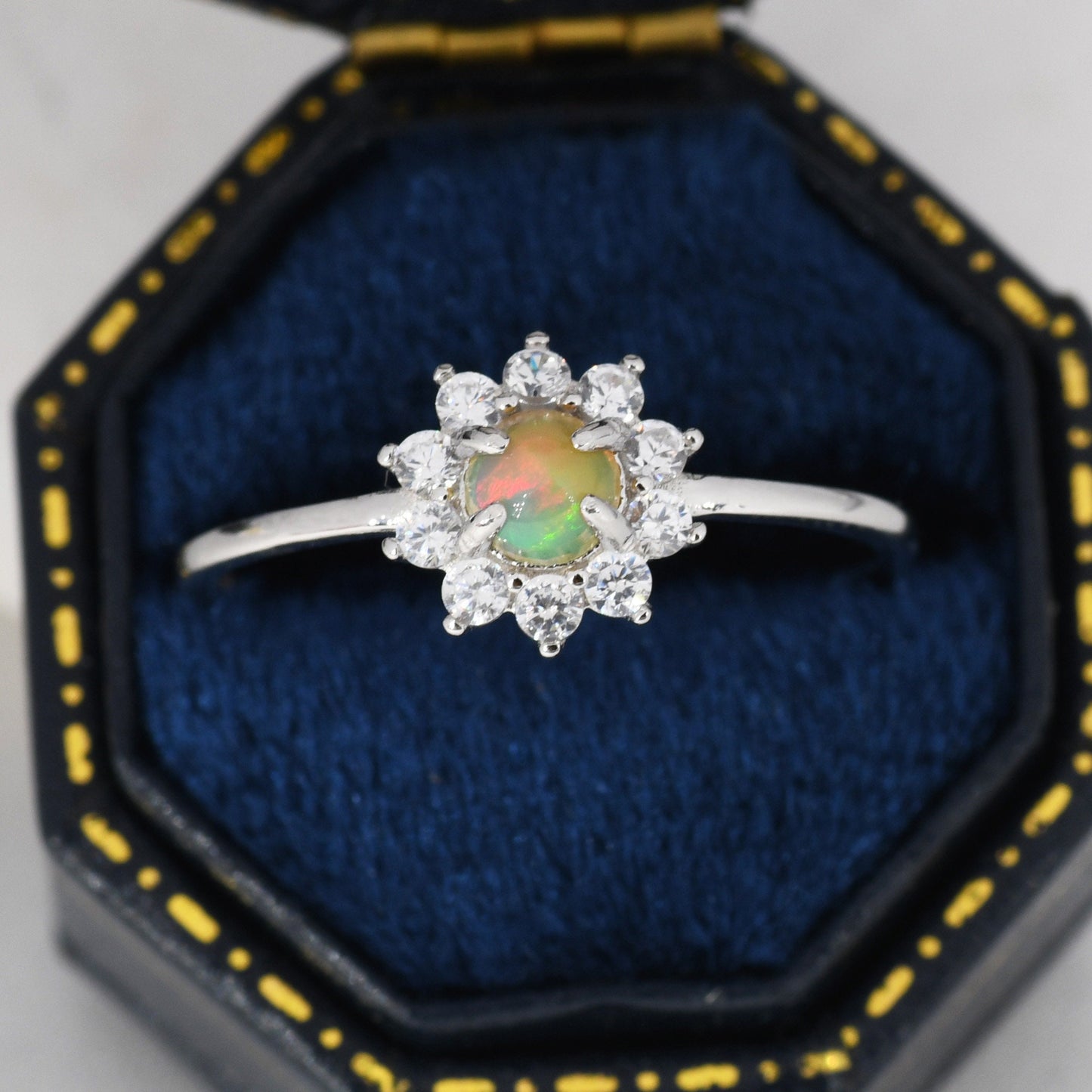 Genuine Opal Halo Ring in Sterling Silver, US 5 - 8, Natural Opal Stone Ring, Ethiopian Opal, Opal Flower Ring