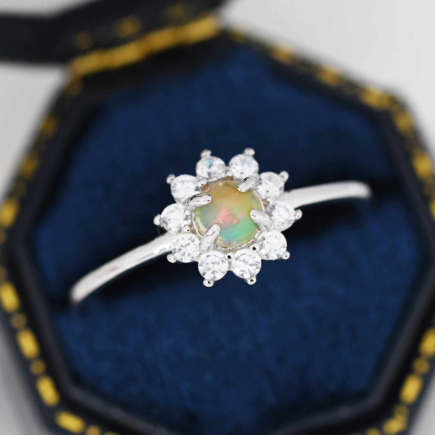 Genuine Opal Halo Ring in Sterling Silver, US 5 - 8, Natural Opal Stone Ring, Ethiopian Opal, Opal Flower Ring