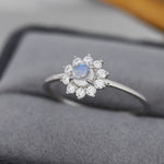 Genuine Moonstone Halo Ring in Sterling Silver, US 5 - 8, Natural Moonstone Gemstone Ring, Crystal Flower Ring