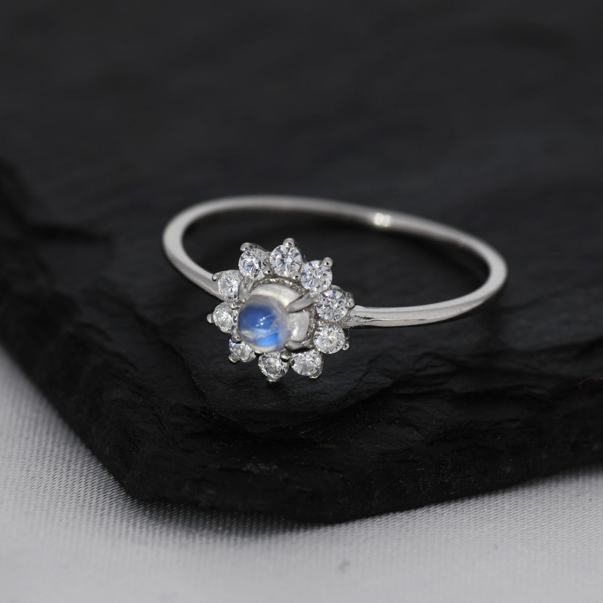 Genuine Moonstone Halo Ring in Sterling Silver, US 5 - 8, Natural Moonstone Gemstone Ring, Crystal Flower Ring