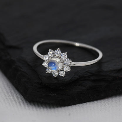 Genuine Moonstone Halo Ring in Sterling Silver, US 5 - 8, Natural Moonstone Gemstone Ring,  Crystal Flower Ring