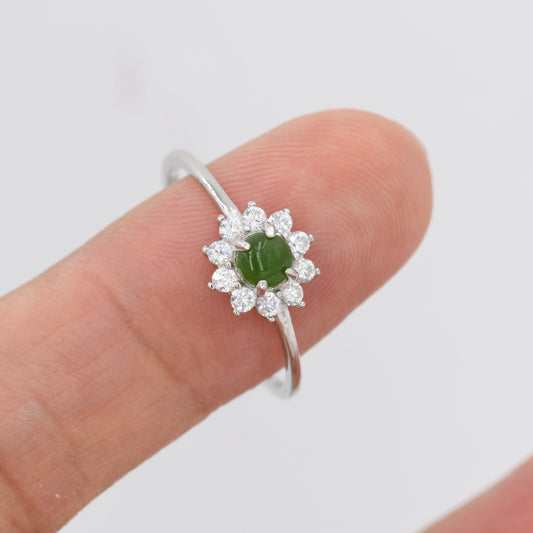 Genuine Jade Stone Halo Ring in Sterling Silver, US 5 - 8, Natural Jade Gemstone Ring, Crystal Flower Ring