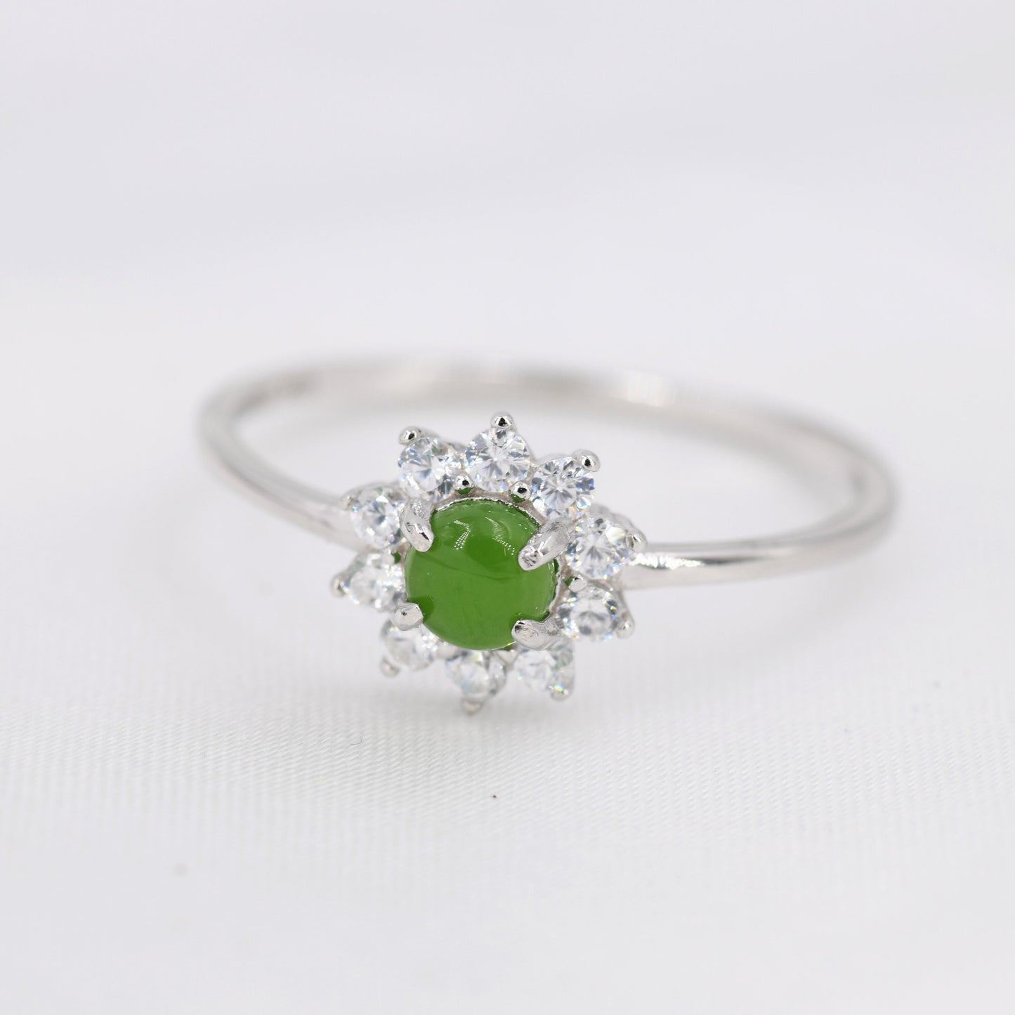 Genuine Jade Stone Halo Ring in Sterling Silver, US 5 - 8, Natural Jade Gemstone Ring,  Crystal Flower Ring