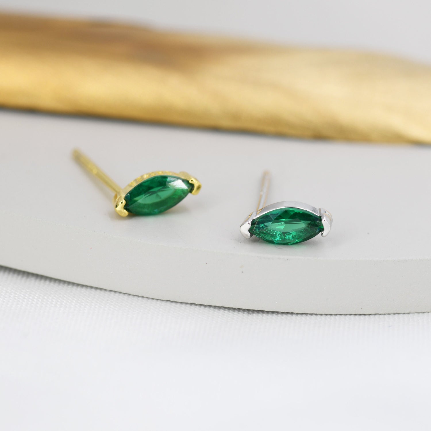 Sterling Silver Emerald Green Marquise Stud Earrings, Simulated Emerald Crystal,  Minimalist Geometric Design, May Birthstone