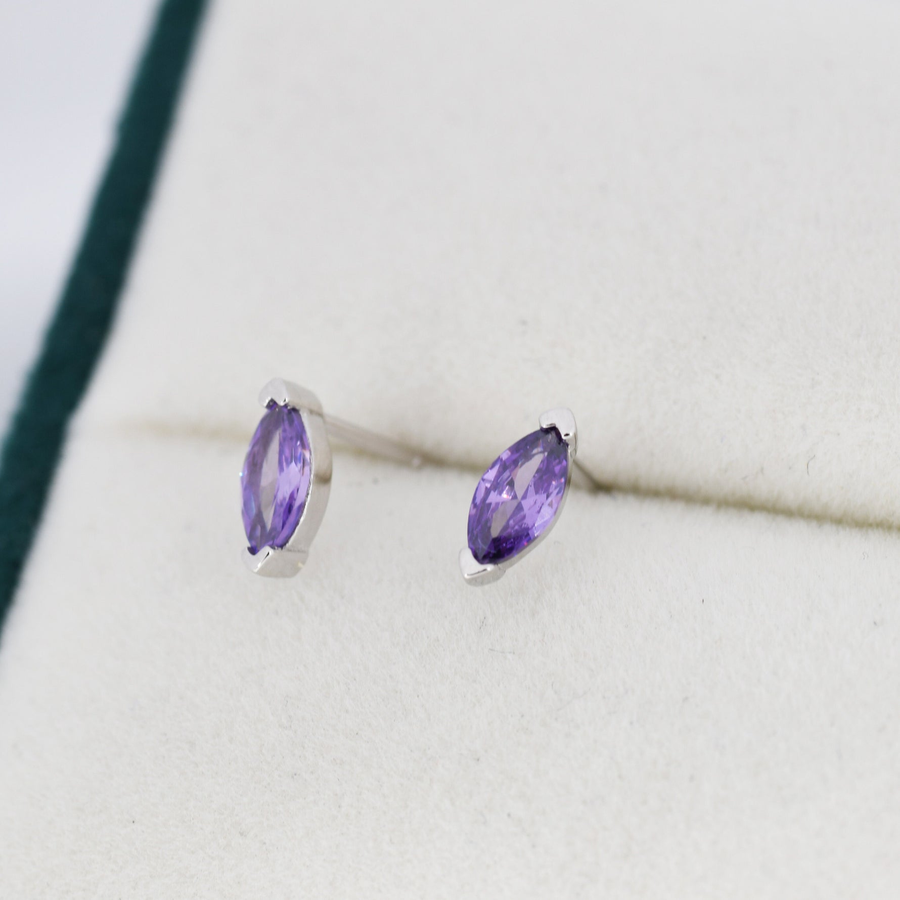 Sterling Silver Purple Amethyst Marquise Stud Earrings, Simulated Amethyst Crystal, Minimalist Geometric Design, February Birthstone
