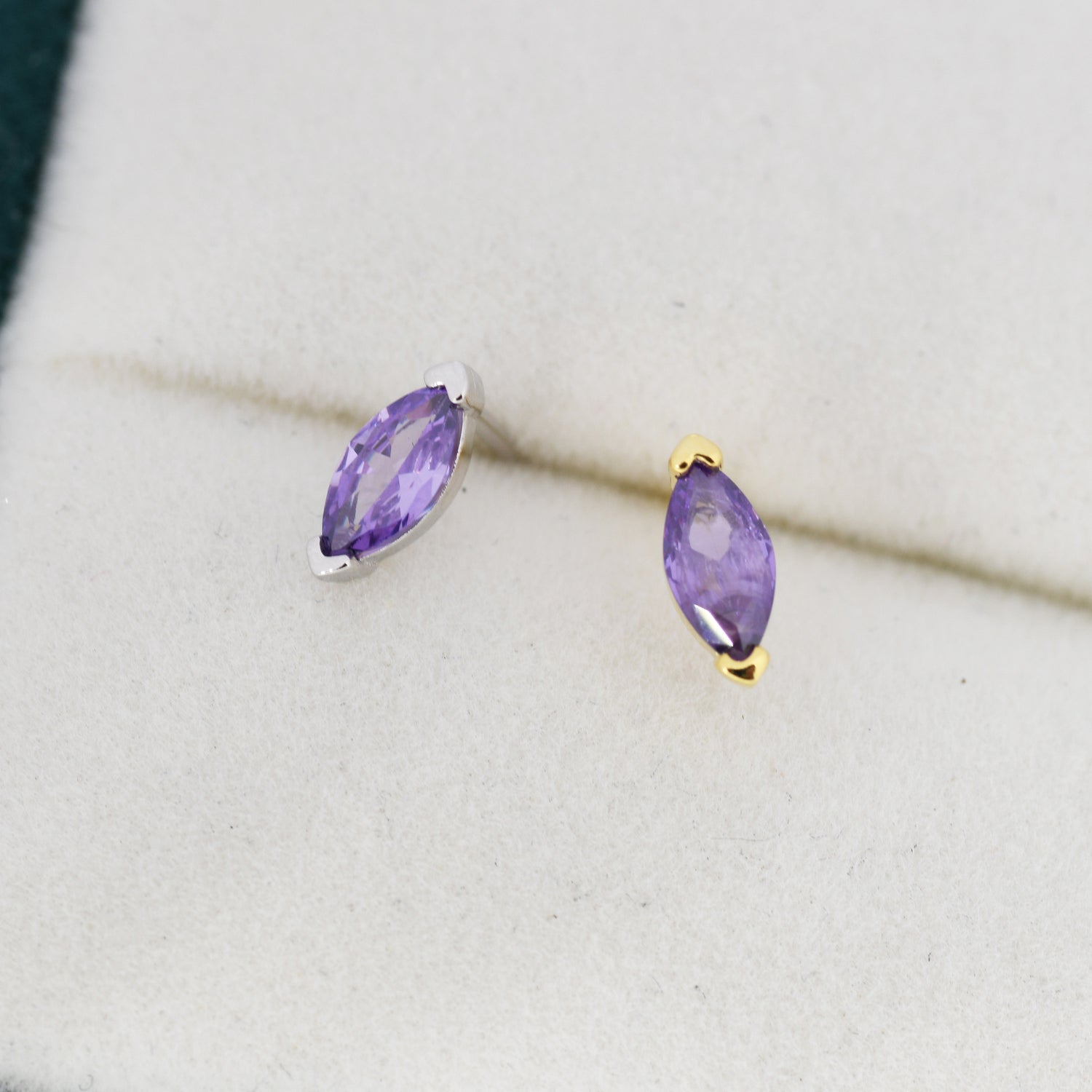 Sterling Silver Purple Amethyst Marquise Stud Earrings, Simulated Amethyst Crystal, Minimalist Geometric Design, February Birthstone