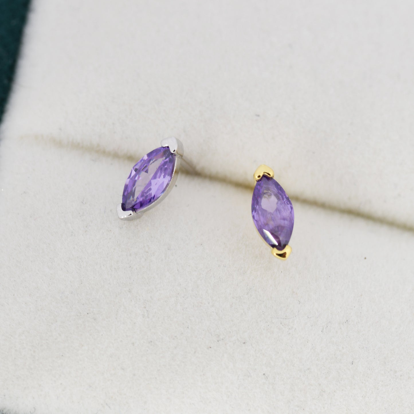 Sterling Silver Purple Amethyst Marquise Stud Earrings, Simulated Amethyst Crystal,  Minimalist Geometric Design, February Birthstone