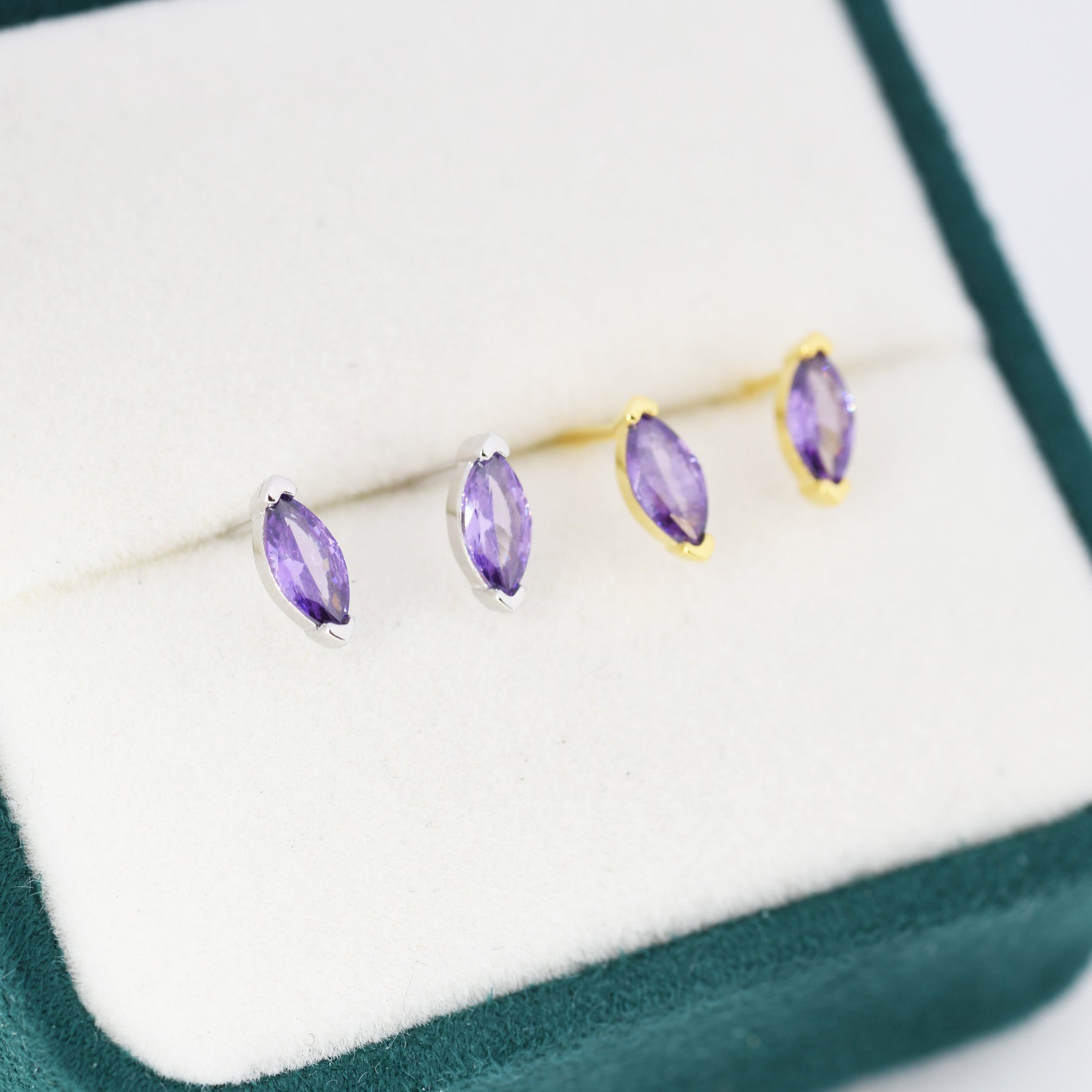 Sterling Silver Purple Amethyst Marquise Stud Earrings, Simulated Amethyst Crystal, Minimalist Geometric Design, February Birthstone