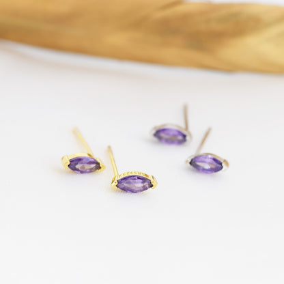 Sterling Silver Purple Amethyst Marquise Stud Earrings, Simulated Amethyst Crystal,  Minimalist Geometric Design, February Birthstone