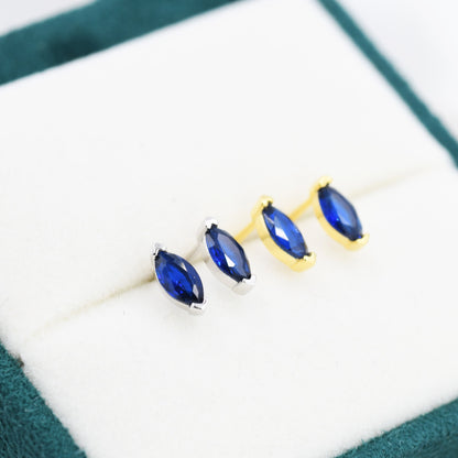 Sterling Silver Sapphire Blue Marquise Stud Earrings, Simulated Sapphire Crystal,  Minimalist Geometric Design, September Birthstone