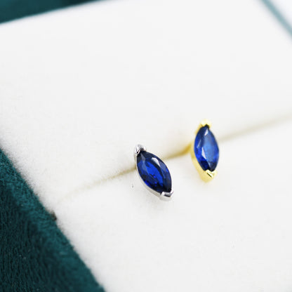 Sterling Silver Sapphire Blue Marquise Stud Earrings, Simulated Sapphire Crystal,  Minimalist Geometric Design, September Birthstone