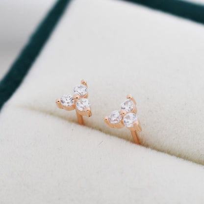 Very Tiny Three Dot Trio Stud Earrings in Sterling Silver with Sparkly CZ Crystals, Silver, Gold, Rose Gold