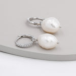 CZ Crystal Huggie Hoop Earrings in Sterling Silver with Detachable Pearl Charms, Genuine Freshwater Baroque Pearls, Real Pearls
