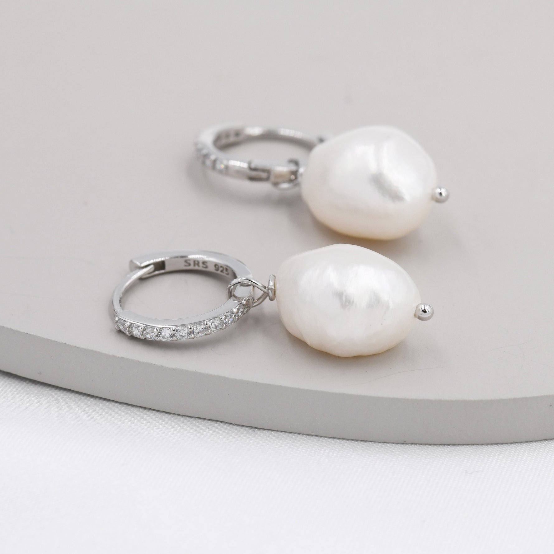 CZ Crystal Huggie Hoop Earrings in Sterling Silver with Detachable Pearl Charms, Genuine Freshwater Baroque Pearls, Real Pearls