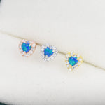 Tiny Blue Opal Heart with CZ Stud Earrings in Sterling Silver, Silver, Gold or Rose Gold, Vintage Inspired Design
