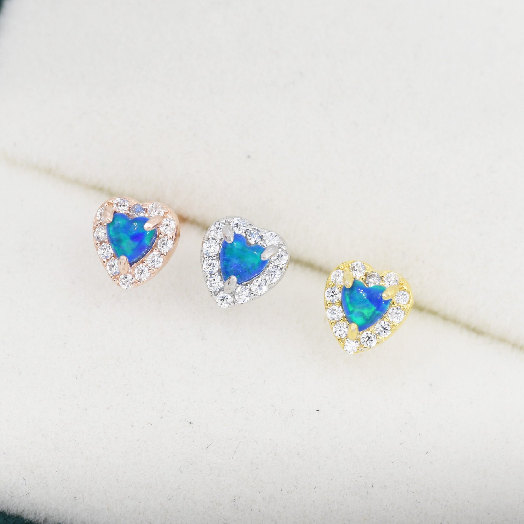 Tiny Blue Opal Heart with CZ Stud Earrings in Sterling Silver, Silver, Gold or Rose Gold, Vintage Inspired Design