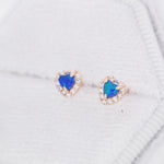 Tiny Blue Opal Heart with CZ Stud Earrings in Sterling Silver, Silver, Gold or Rose Gold, Vintage Inspired Design