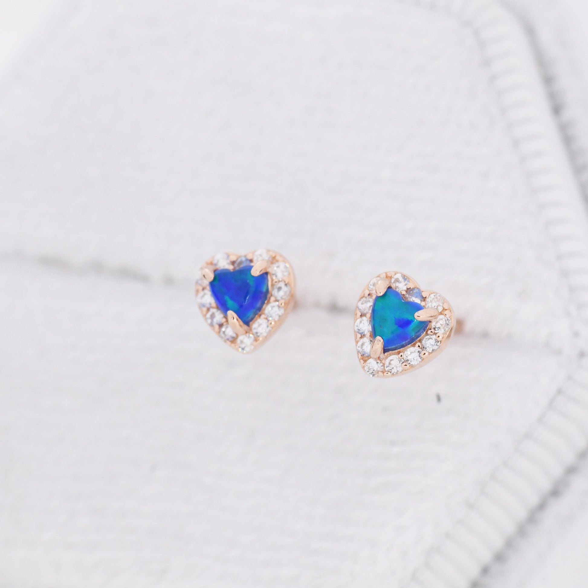 Tiny Blue Opal Heart with CZ Stud Earrings in Sterling Silver, Silver, Gold or Rose Gold, Vintage Inspired Design