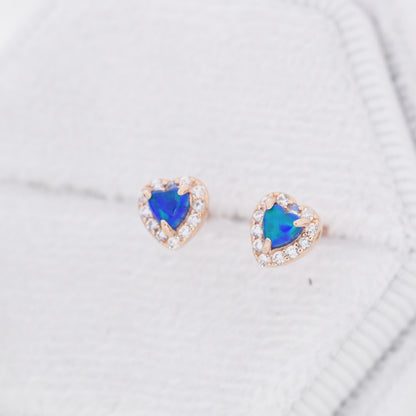 Tiny Blue Opal Heart with CZ Stud Earrings in Sterling Silver, Silver, Gold or Rose Gold, Vintage Inspired Design