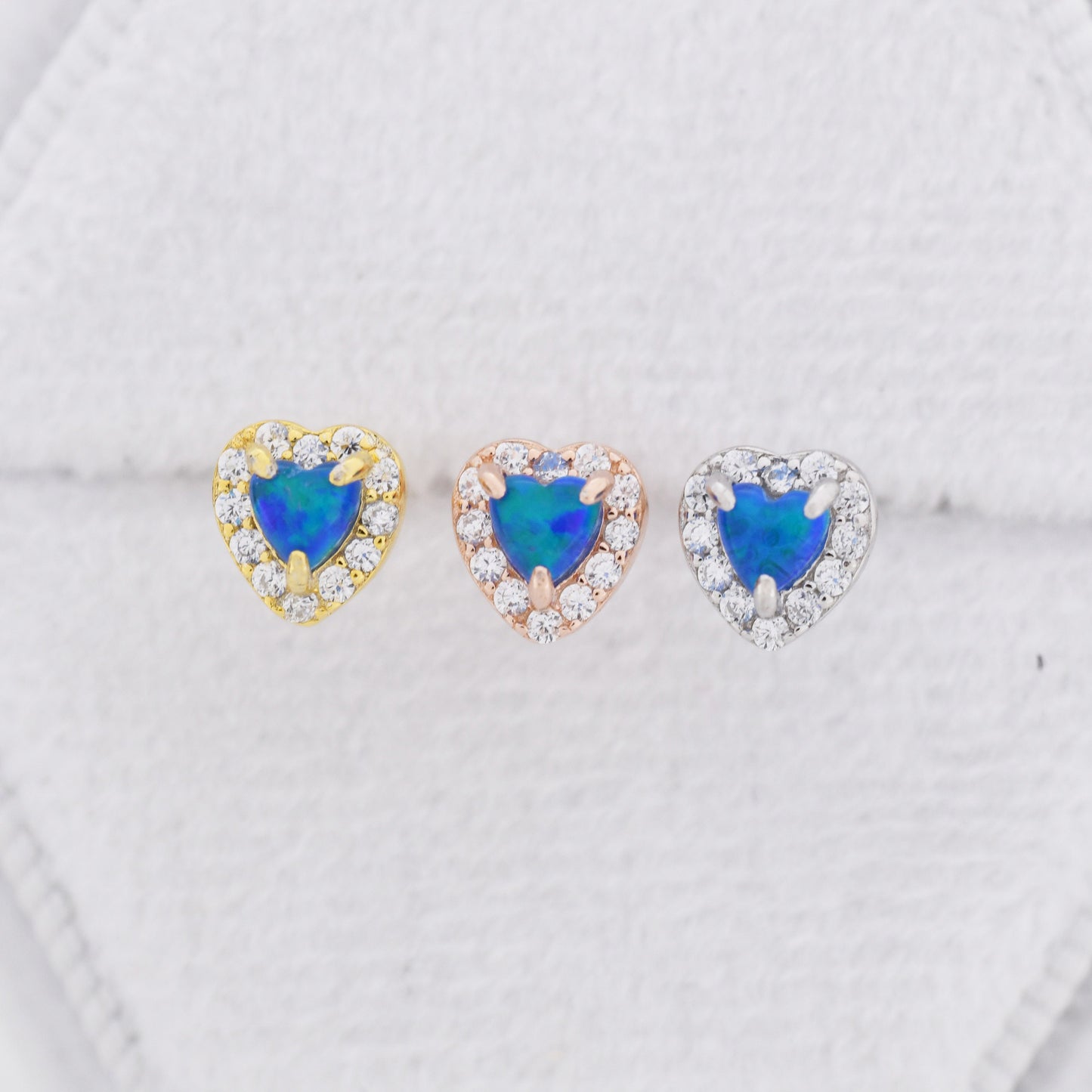 Tiny Blue Opal Heart with CZ Stud Earrings in Sterling Silver, Silver, Gold or Rose Gold, Vintage Inspired Design