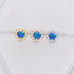 Tiny Blue Opal Heart with CZ Stud Earrings in Sterling Silver, Silver, Gold or Rose Gold, Vintage Inspired Design