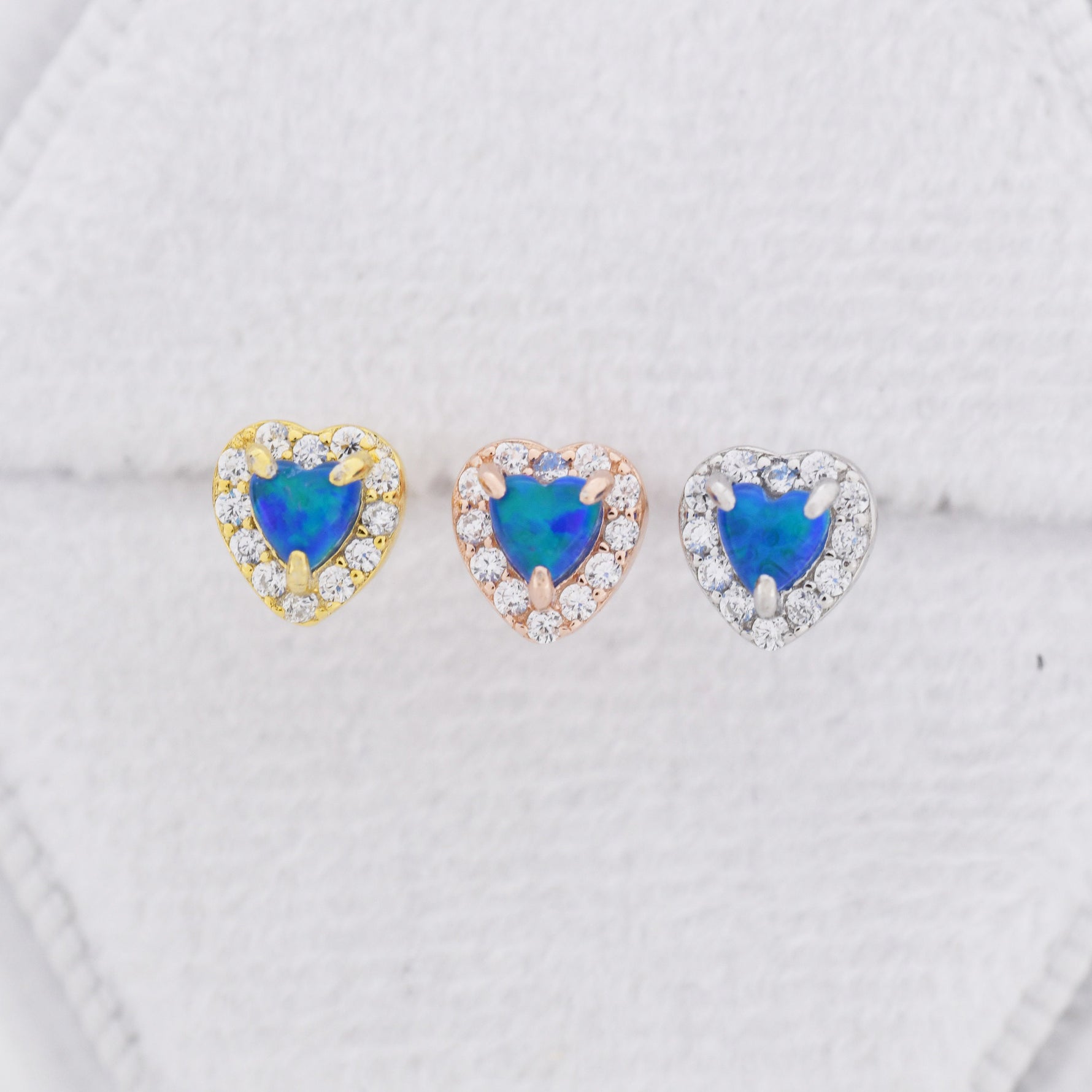 Tiny Blue Opal Heart with CZ Stud Earrings in Sterling Silver, Silver, Gold or Rose Gold, Vintage Inspired Design