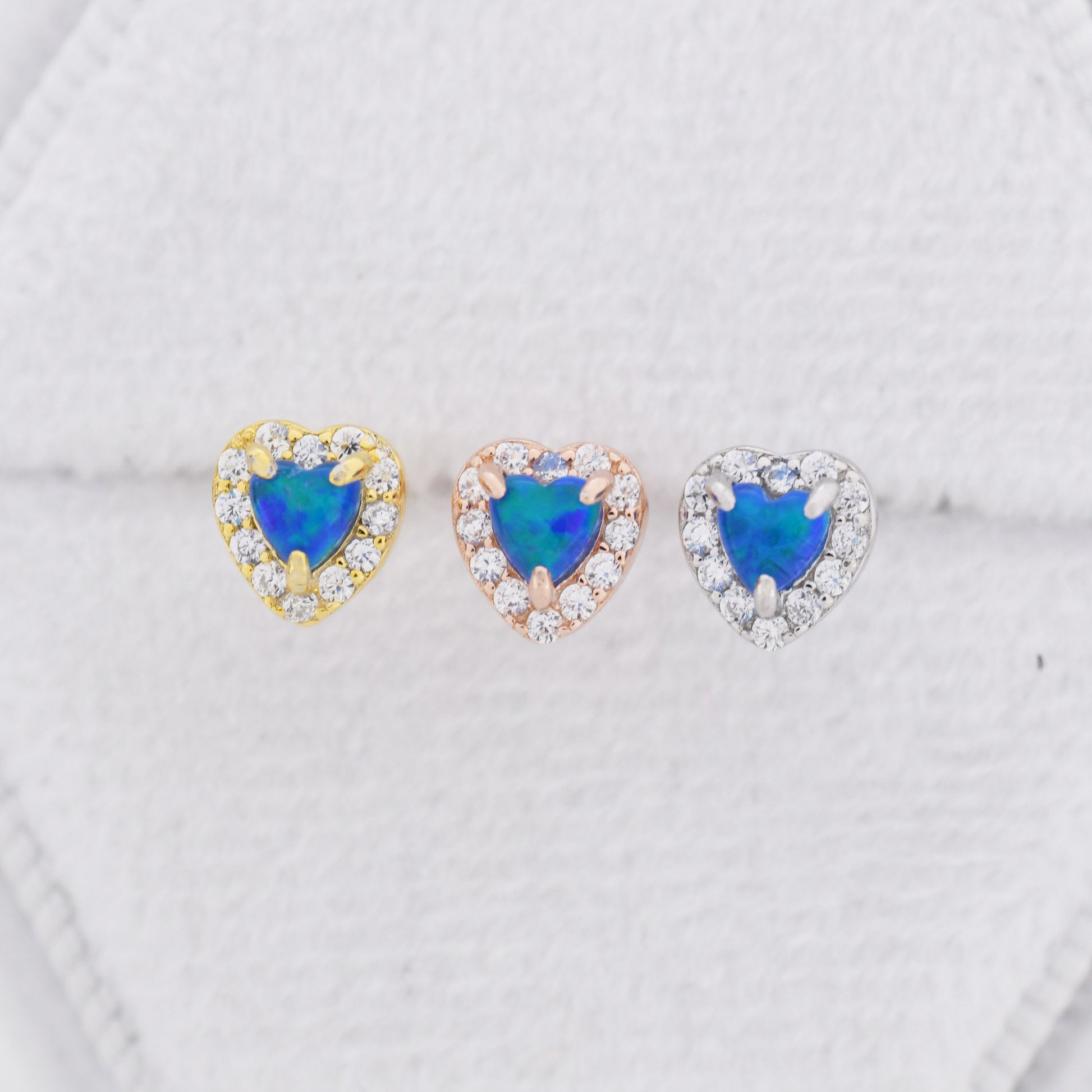 Tiny Blue Opal Heart with CZ Stud Earrings in Sterling Silver, Silver, Gold or Rose Gold, Vintage Inspired Design