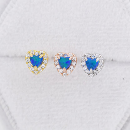 Tiny Blue Opal Heart with CZ Stud Earrings in Sterling Silver, Silver, Gold or Rose Gold, Vintage Inspired Design