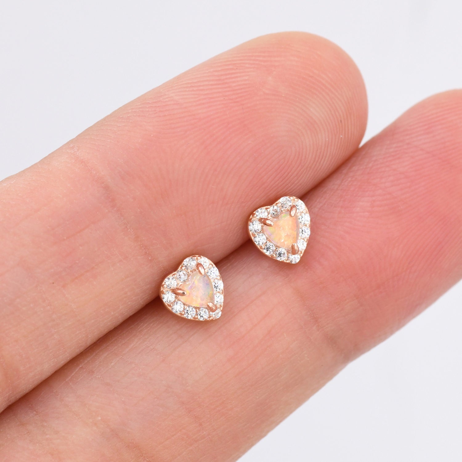 Tiny Opal Heart with CZ Stud Earrings in Sterling Silver, Silver, Gold or Rose Gold, Vintage Inspired Design