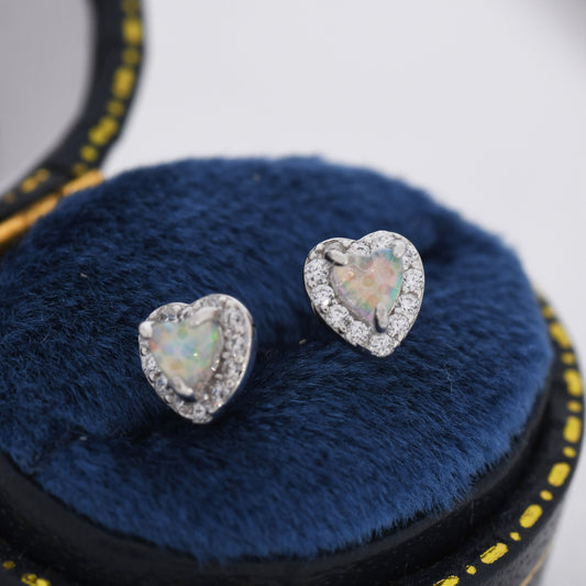 Tiny Opal Heart with CZ Stud Earrings in Sterling Silver, Silver, Gold or Rose Gold, Vintage Inspired Design