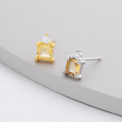 Genuine Square Cut Citrine with CZ Stud Earrings in Sterling Silver, Natural Citrine Crystal Earrings, November Birthstone