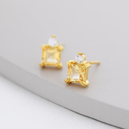 Genuine Square Cut Citrine with CZ Stud Earrings in Sterling Silver, Natural Citrine Crystal Earrings, November Birthstone