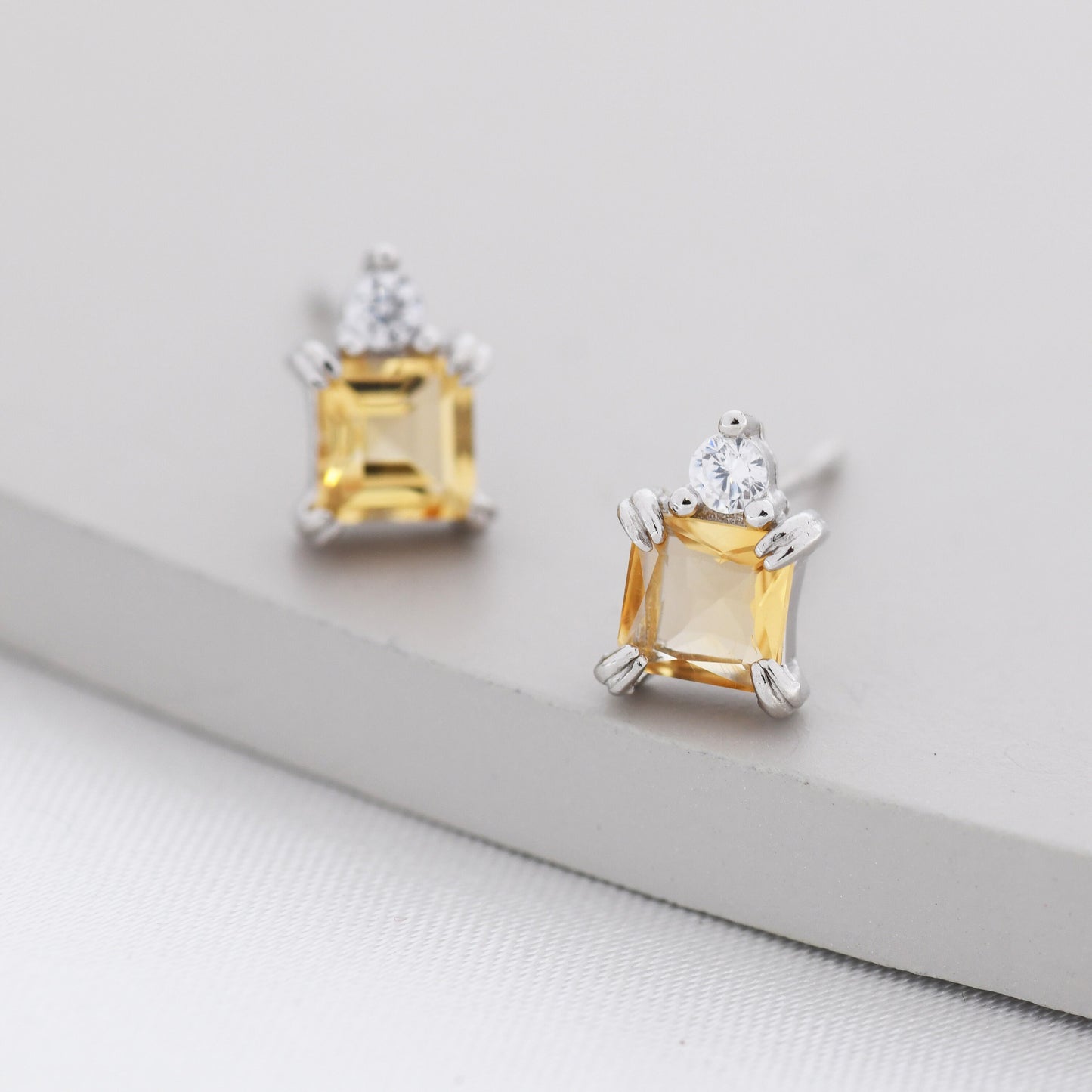 Genuine Square Cut Citrine with CZ Stud Earrings in Sterling Silver, Natural Citrine Crystal Earrings, November Birthstone