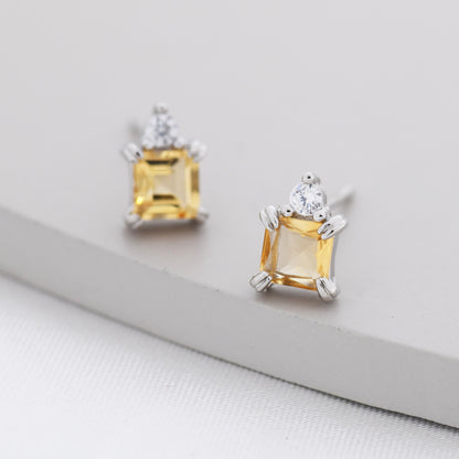 Genuine Square Cut Citrine with CZ Stud Earrings in Sterling Silver, Natural Citrine Crystal Earrings, November Birthstone