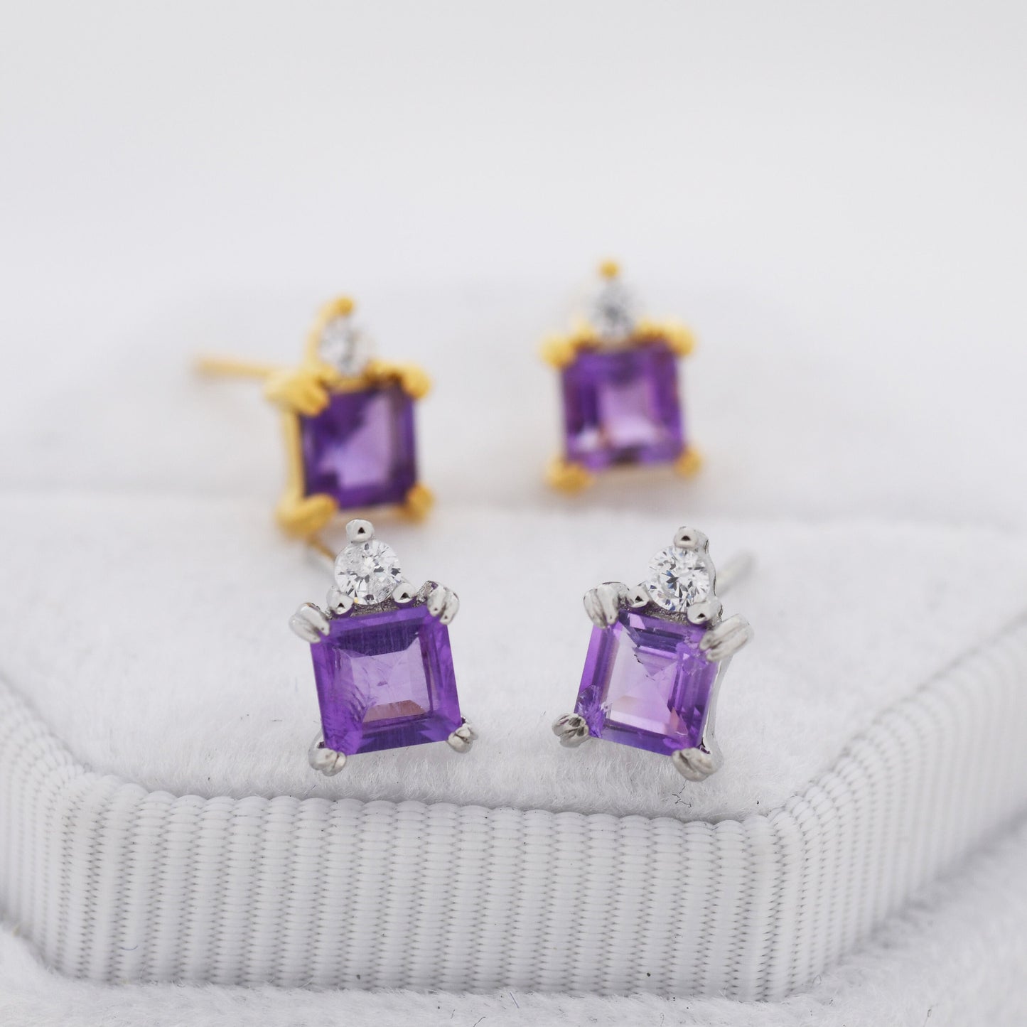 Genuine Square Cut Amethyst with CZ Stud Earrings in Sterling Silver, Natural Purple Amethyst Crystal Earrings, Amethyst Birthstone