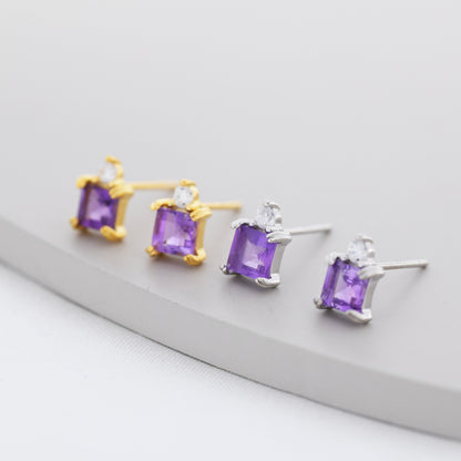 Genuine Square Cut Amethyst with CZ Stud Earrings in Sterling Silver, Natural Purple Amethyst Crystal Earrings, Amethyst Birthstone