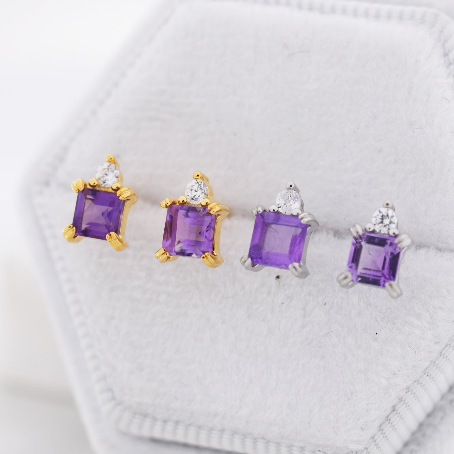 Genuine Square Cut Amethyst with CZ Stud Earrings in Sterling Silver, Natural Purple Amethyst Crystal Earrings, Amethyst Birthstone