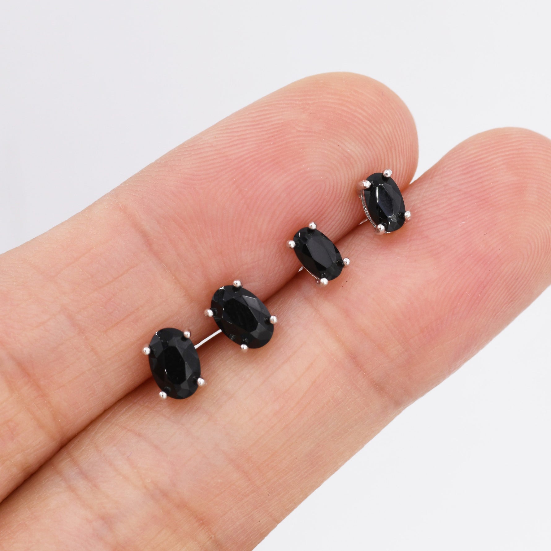 Genuine Black Onyx Oval Stud Earrings in Sterling Silver, Natural Oval Black Onyx Crystal Earrings