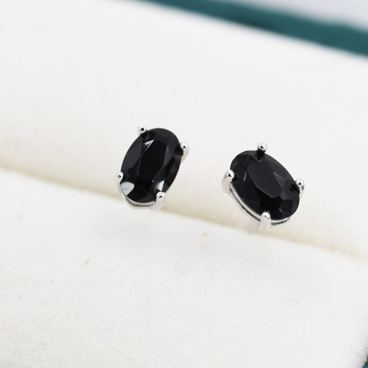 Genuine Black Onyx Oval Stud Earrings in Sterling Silver, Natural Oval Black Onyx Crystal Earrings