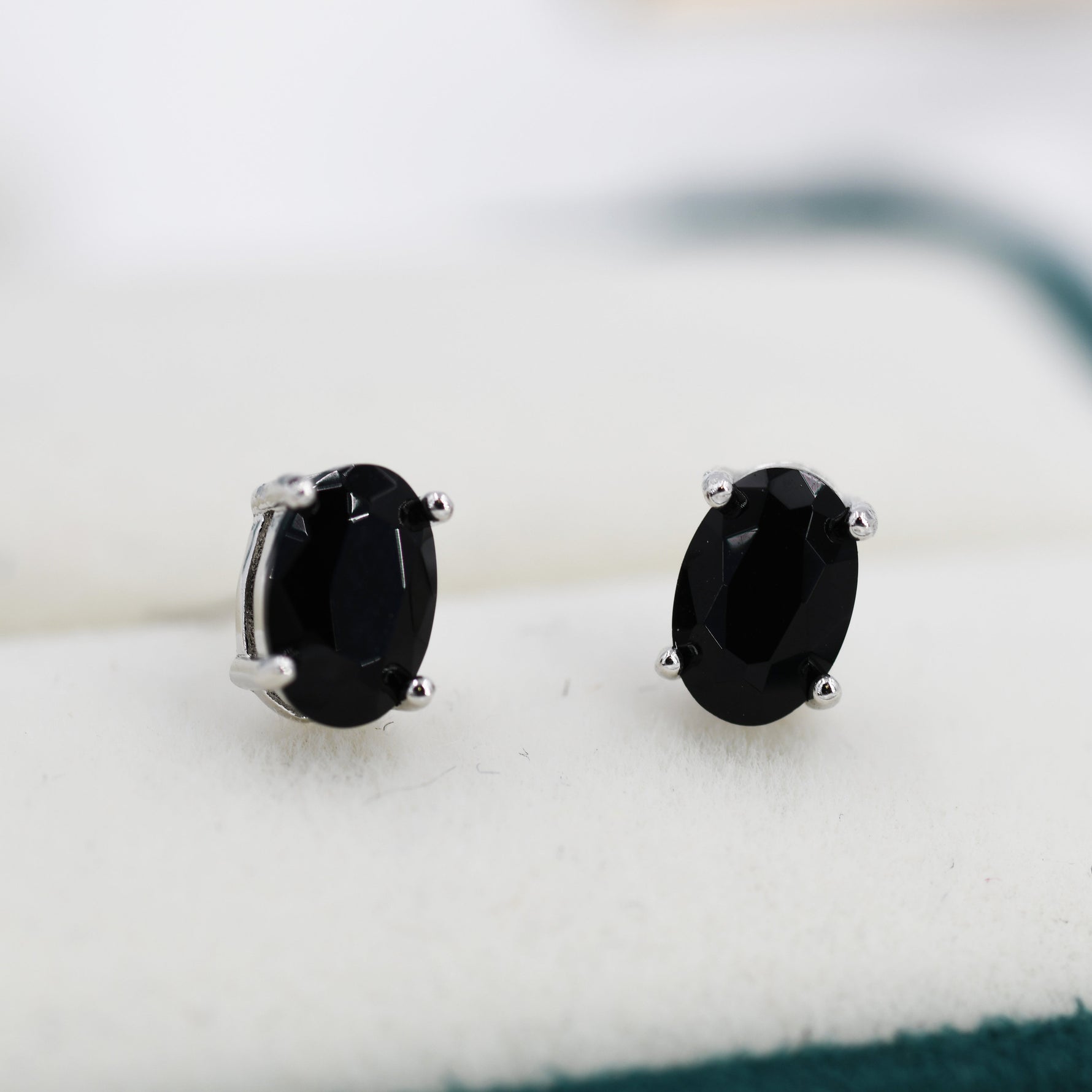 Genuine Black Onyx Oval Stud Earrings in Sterling Silver, Natural Oval Black Onyx Crystal Earrings