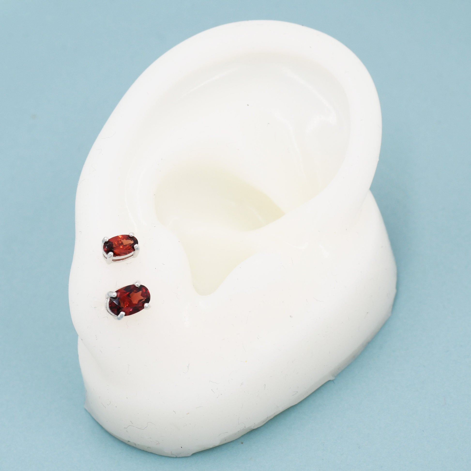 Genuine Garnet Crystal Stud Earrings in Sterling Silver, Natural Red Garnet Oval Earrings, January Birthstone