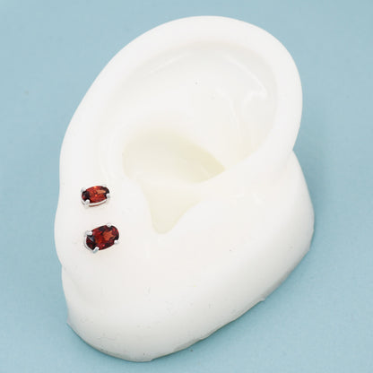 Genuine Garnet Crystal Stud Earrings in Sterling Silver, Natural Red Garnet Oval Earrings, January Birthstone