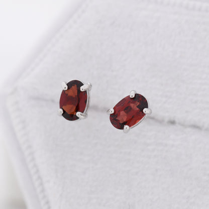 Genuine Garnet Crystal Stud Earrings in Sterling Silver, Natural Red Garnet Oval Earrings, January Birthstone