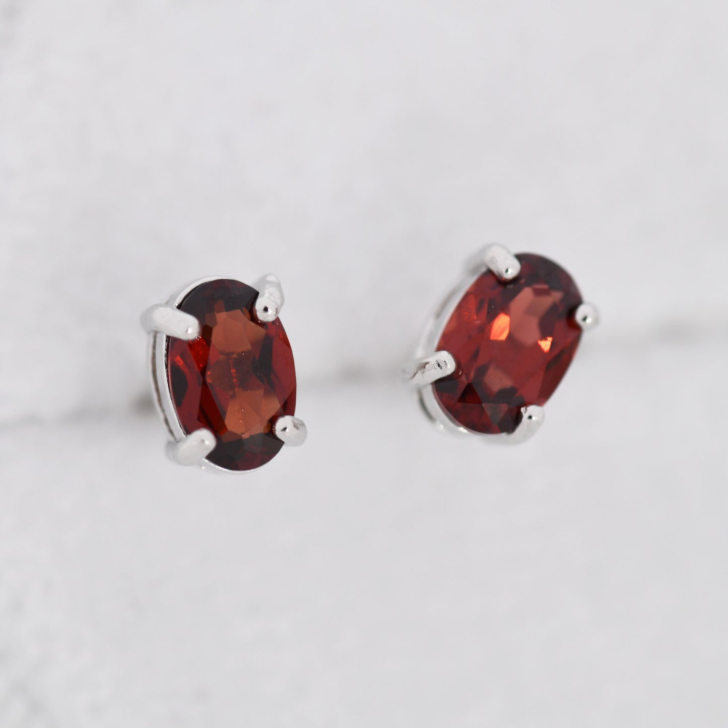 Genuine Garnet Crystal Stud Earrings in Sterling Silver, Natural Red Garnet Oval Earrings, January Birthstone