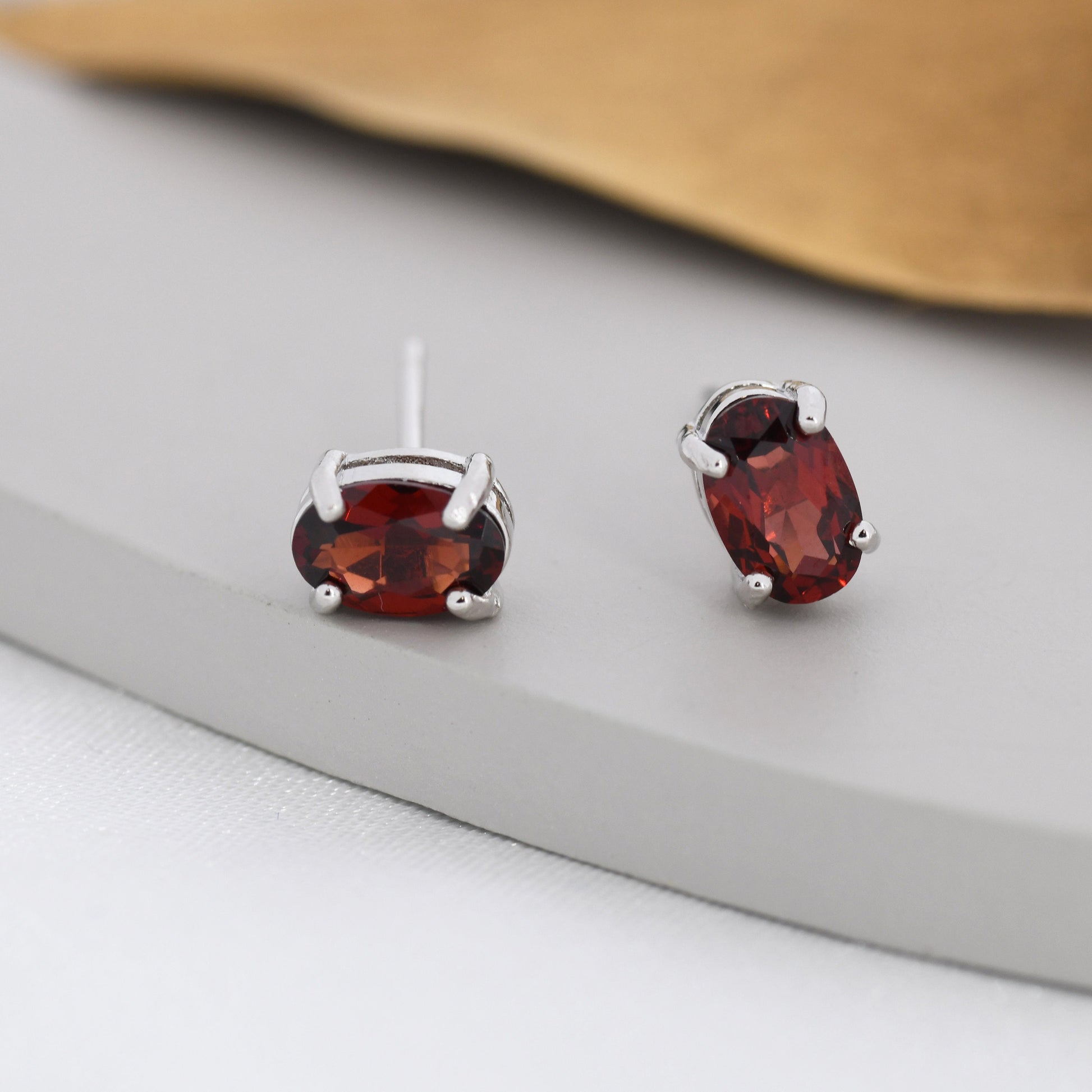 Genuine Garnet Crystal Stud Earrings in Sterling Silver, Natural Red Garnet Oval Earrings, January Birthstone